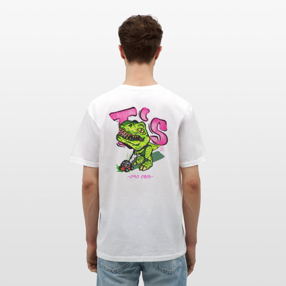 T-Rex Lawn Mower Service – Lustiges Dinosaurier Cartoon Design - white