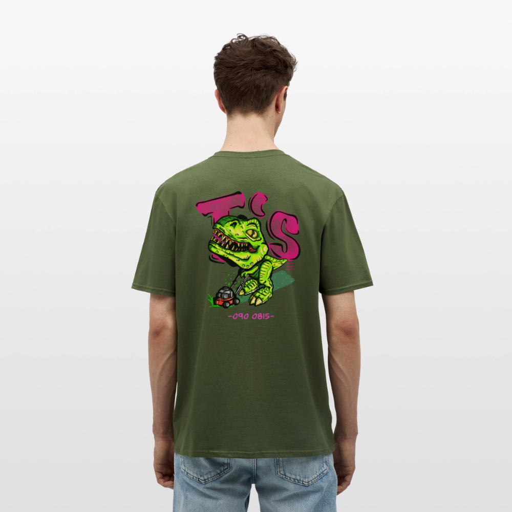 T-Rex Lawn Mower Service – Lustiges Dinosaurier Cartoon Design - military green